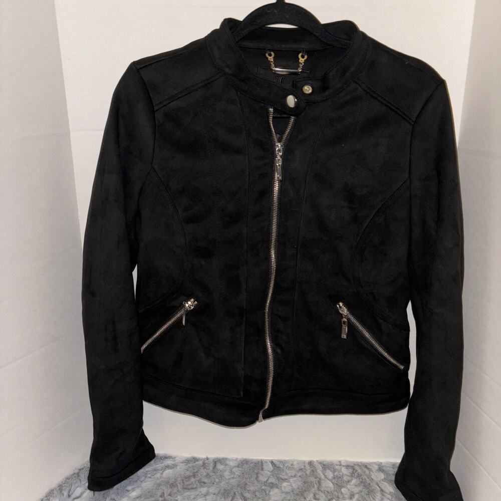 Black Moto Jacket Faux Suede Zip Pockets Womens L Lined Stretch